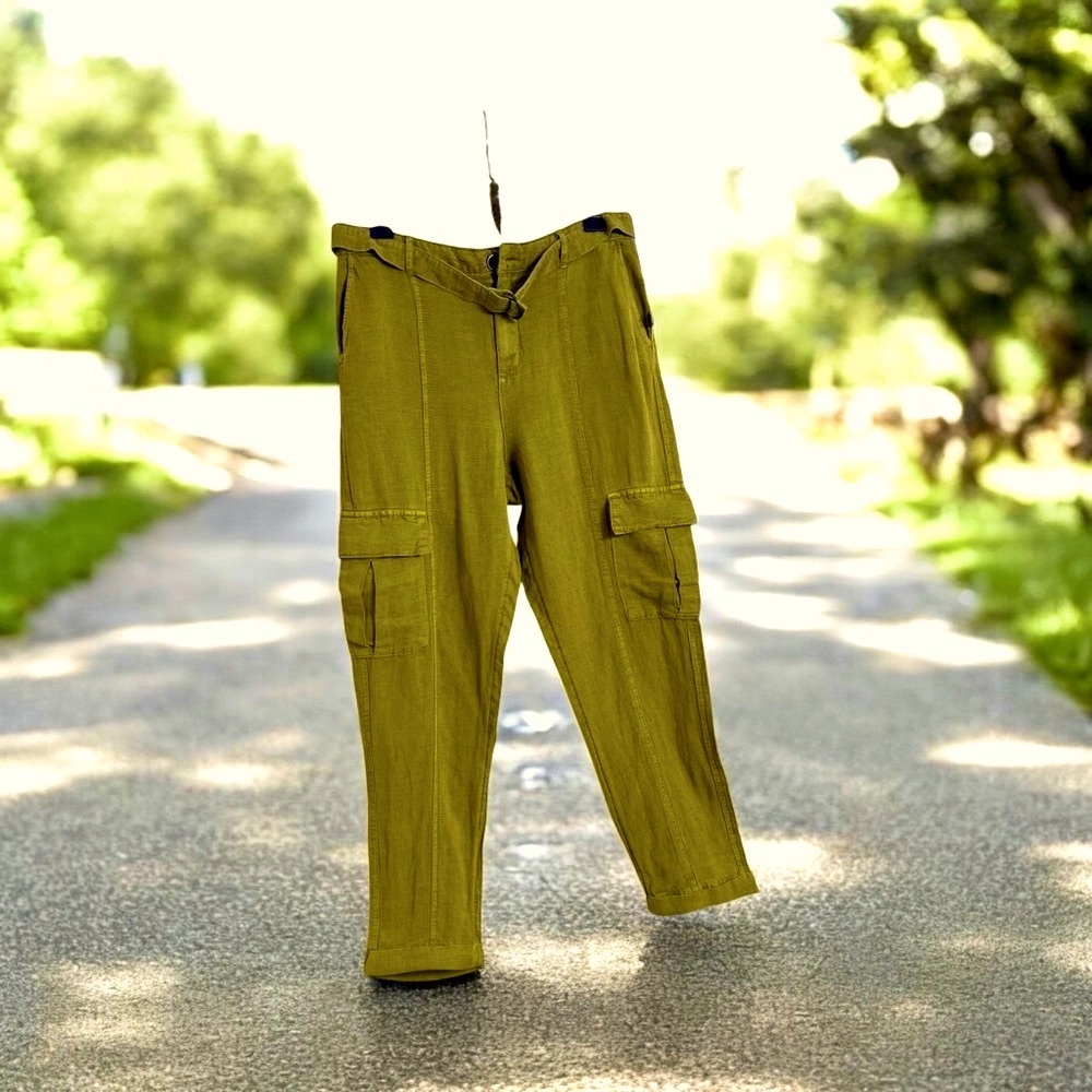 Nicole Miller Linen Blend Cargo Style Pants Belted Pockets Cuffed Olive Size M